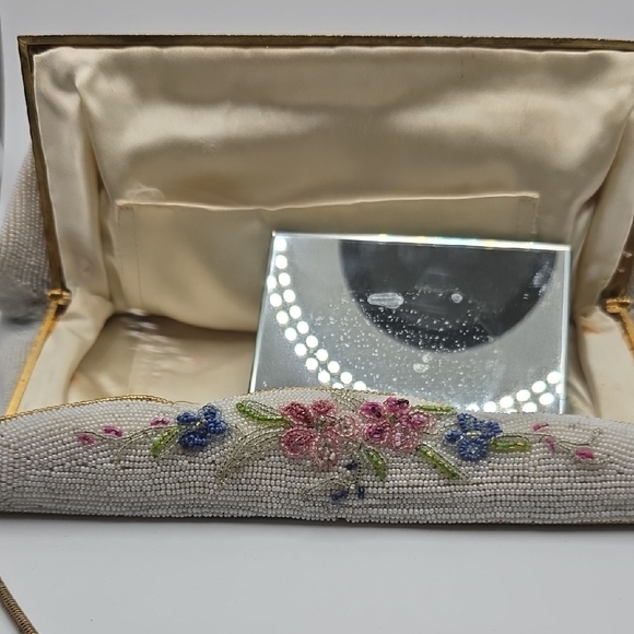 Vintage Ivory Beaded Handbag Embroidered Rose Floral Envelope Clutch French - Picture 9 of 16